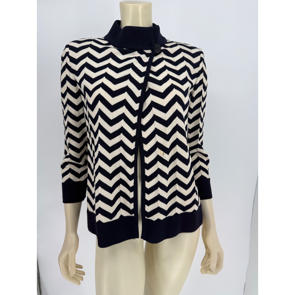 St John Chevron Knit Cardigan Sweater Jacket Sz‎ 10 Navy Ivory Holes Stain USA